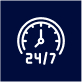 24/7 service symbol with a clock and speedometer.