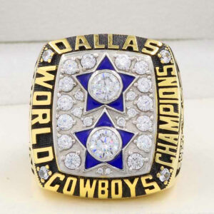Dallas Cowboys World Championship ring with blue and silver details.