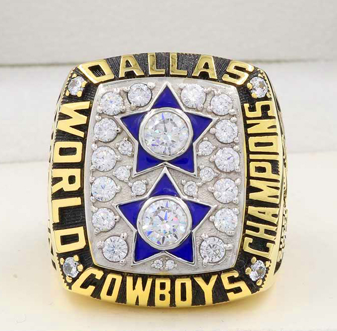 Dallas Cowboys World Championship ring with blue and silver details.