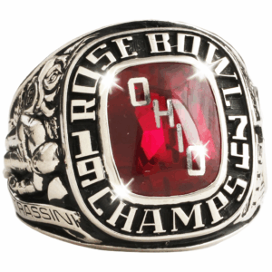 Silver Ohio Rose Bowl Champions ring with a red gem.