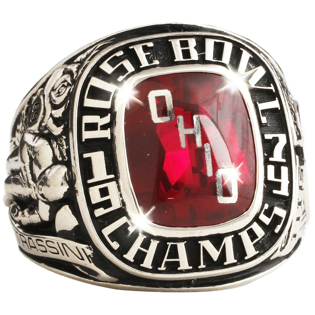 Silver Ohio Rose Bowl Champions ring with a red gem.