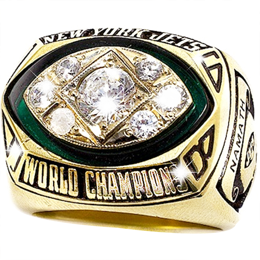 A gold World Champion ring with diamonds and green enamel details.