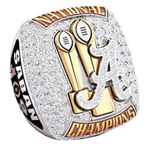 Diamond-studded 2014 championship ring with golden trophies and a large 'A'.