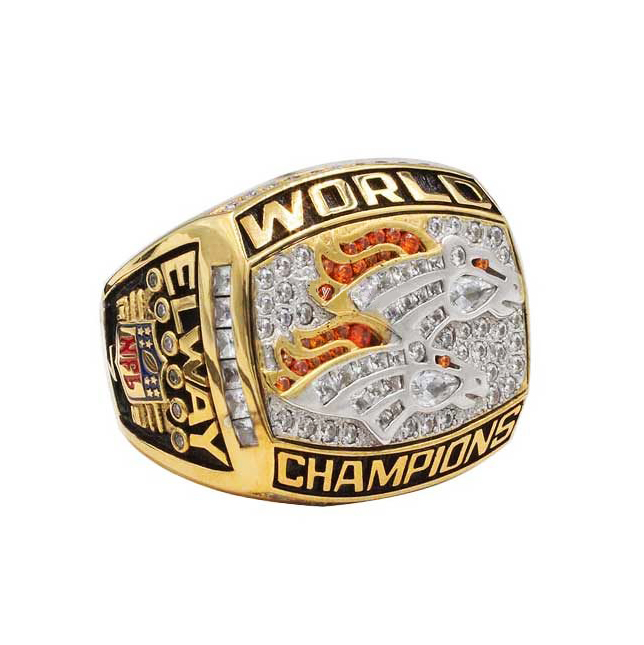 Golden World Championship ring with intricate engravings and text.
