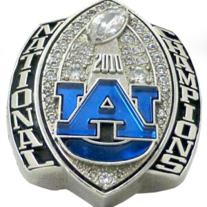 A 2004 Auburn National Champions ring with blue and silver design.