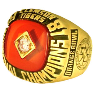 Clemson Tigers 1981 Orange Bowl Champions ring with gold and engraved details.