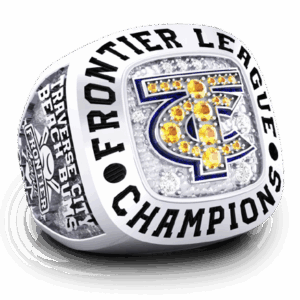Championship ring with 'Frontier League Champions' and a detailed emblem.