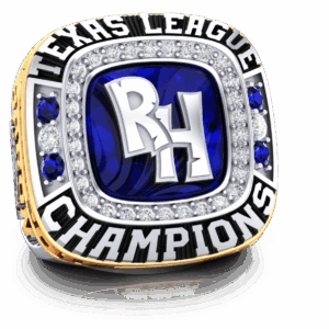 Texas League Champions ring with blue gemstones and detailed engraving.