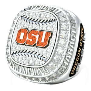 OSU championship ring with diamonds and orange logo.