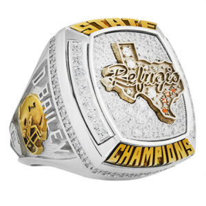 Texas Rangers 2023 World Series Champions ring with detailed engravings.