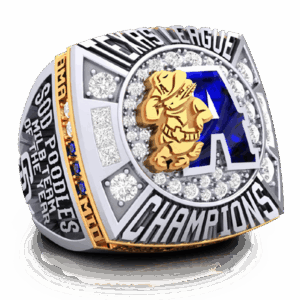 A detailed championship ring with a gold firefighter figure and blue accents.