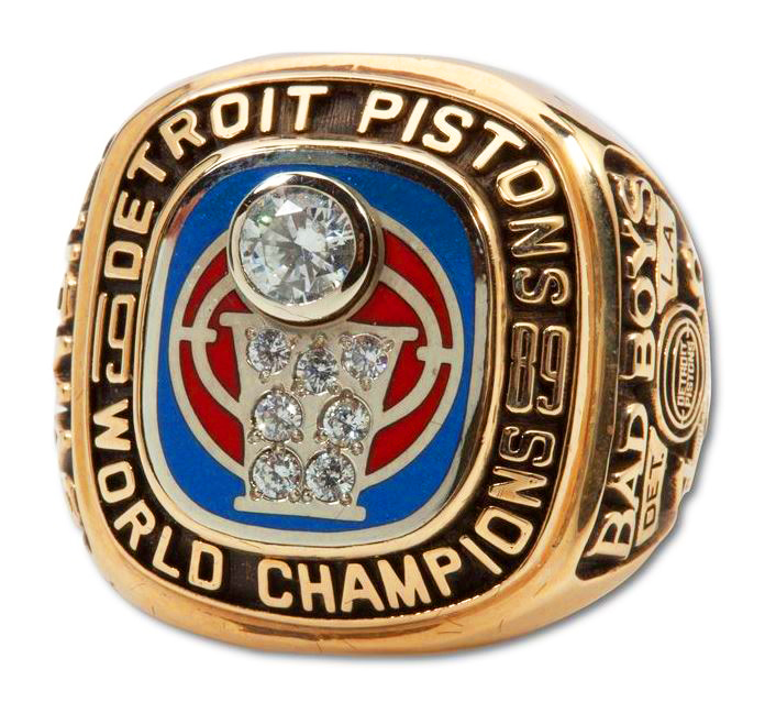 Detroit Pistons NBA Championship ring with trophy design.