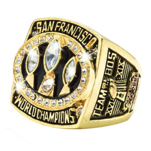 San Francisco 49ers Super Bowl championship ring with three Lombardi trophies.