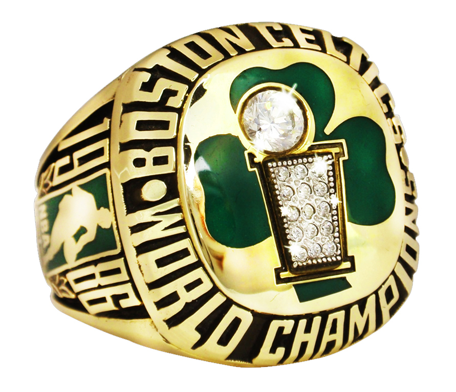 Close-up of a Boston Celtics championship ring with a shamrock design.