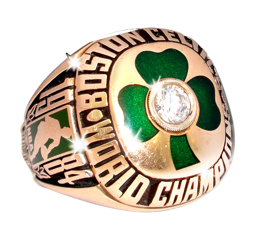 Boston Celtics NBA Championship ring with shamrock design and diamond.