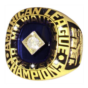Close-up of a Pan American League Champion ring with a diamond centerpiece.