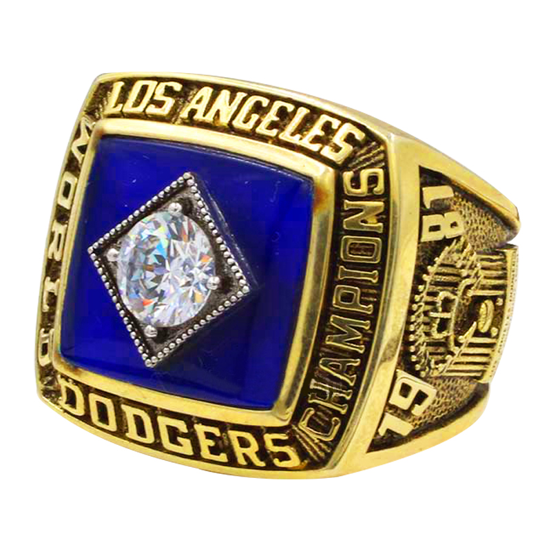 Los Angeles Dodgers championship ring with diamond and blue enamel.