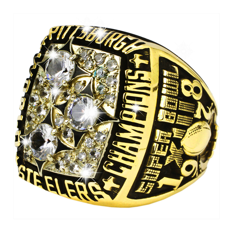 A Pittsburgh Steelers Super Bowl championship ring with diamonds.