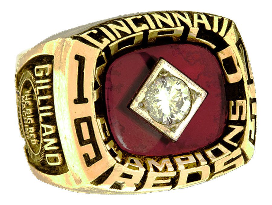 Close-up of a Cincinnati 1990 championship ring with a diamond centerpiece.
