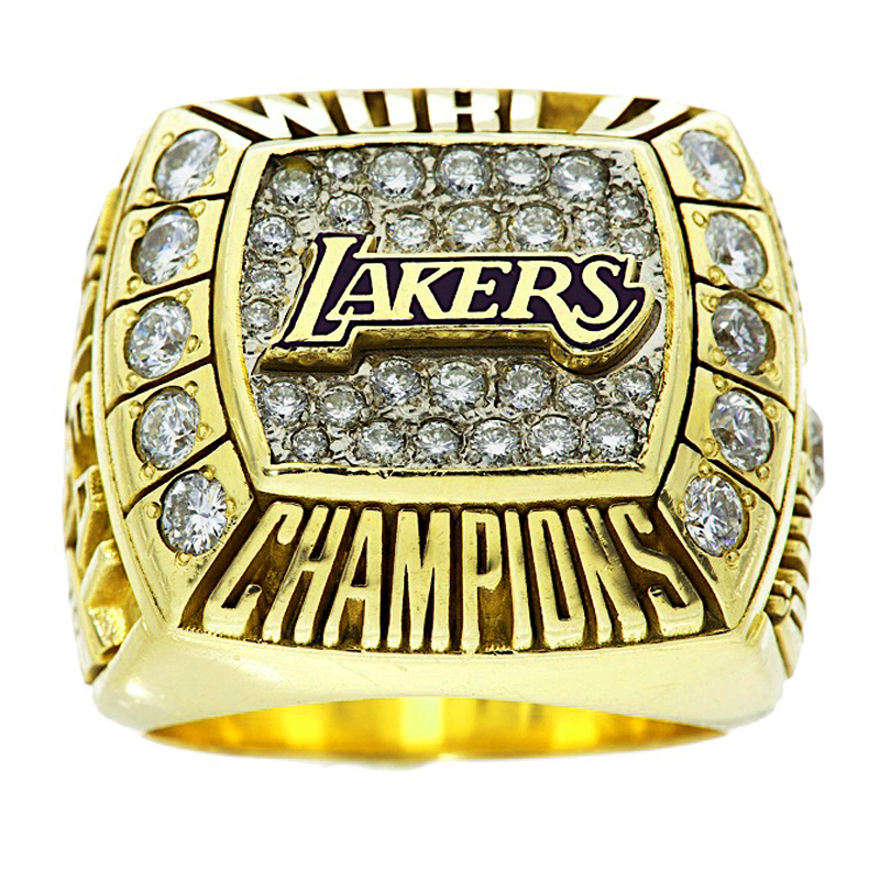 Gold Lakers championship ring with diamonds.
