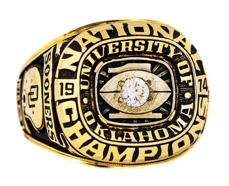 Close-up of a National Champion ring from the University of Oklahoma, 1995.