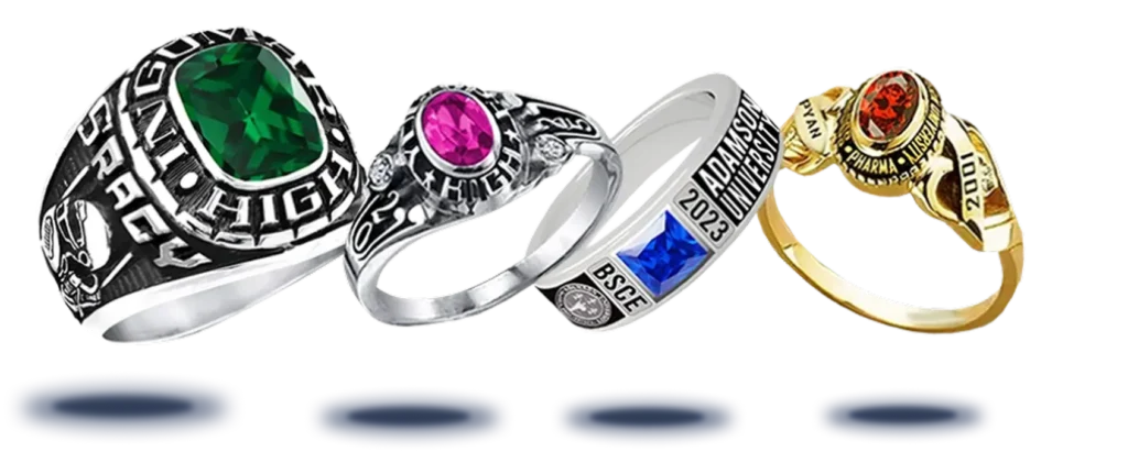 Two distinct rings, one with a pink gemstone and the other a class ring.