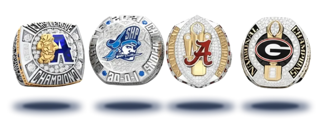 Two commemorative coins featuring school emblems.