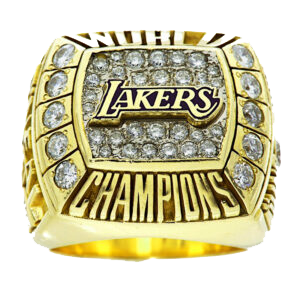 Gold Lakers championship ring with diamonds.